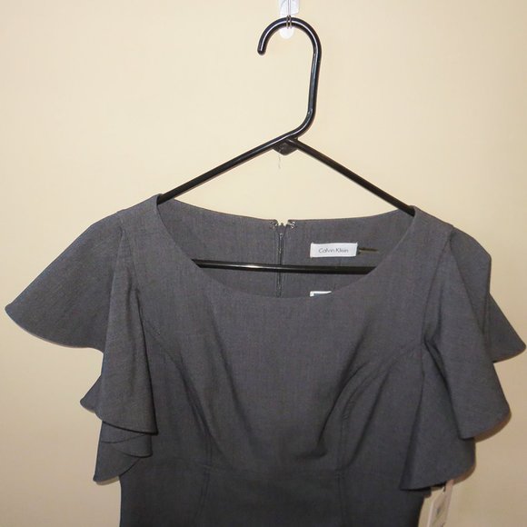 Calvin Klein Sheath Dress, Gray with Ruffled Sleeves, Sz 8 NWT - Picture 7 of 10